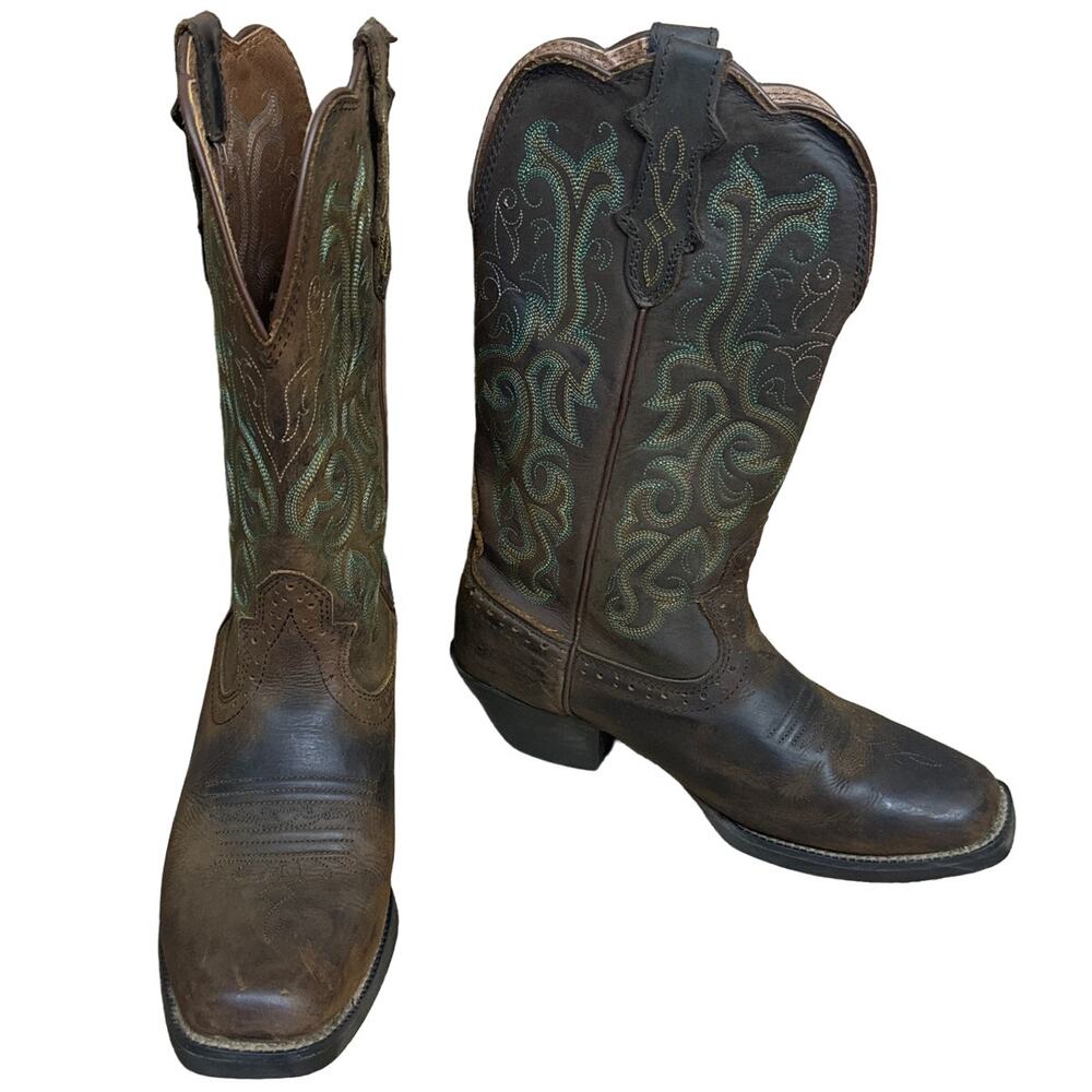 Justin Stampede Durant Western Cowboy Boots Square Toe Sorrel Brown SZ 7